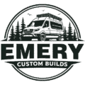Emery Custom Builds circular logo with mountain and trees design